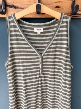 PACT XL Women's Olive & Cream Striped Sleeveless Henley Tank